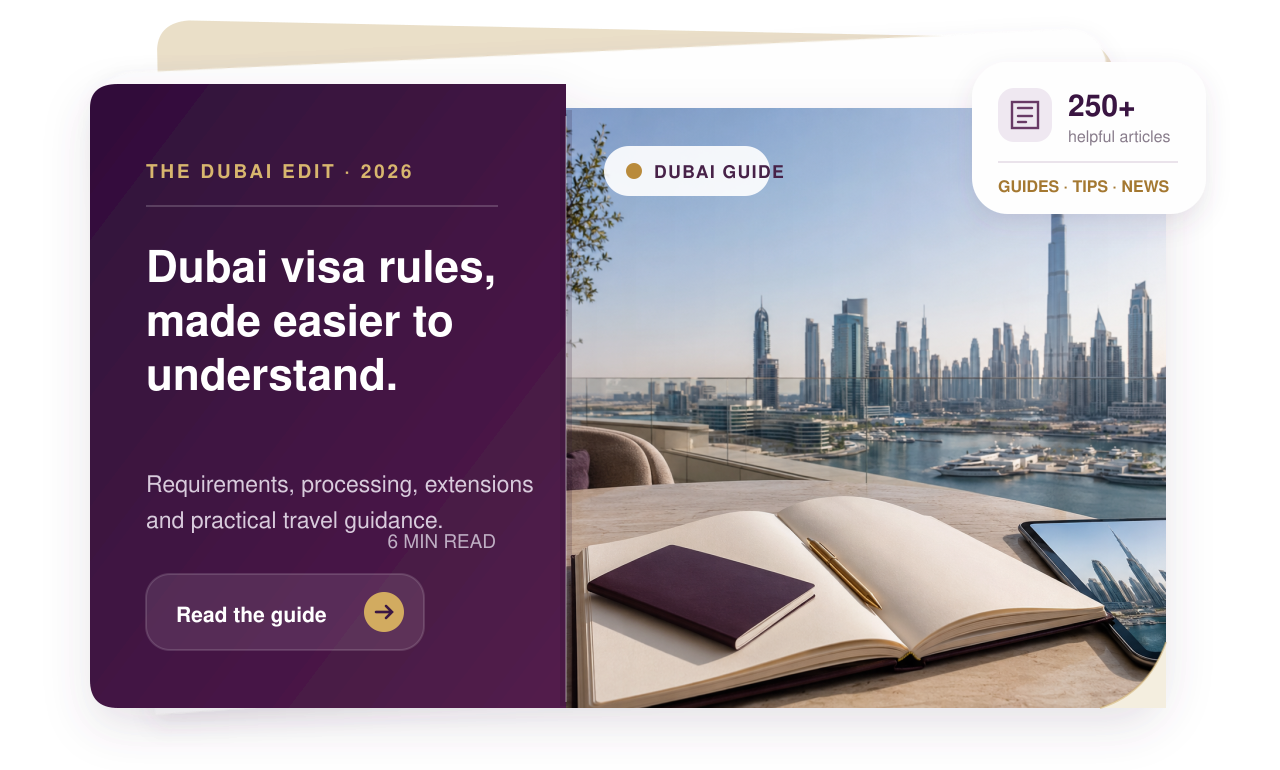 Collage of Dubai visa guides and editorial photography