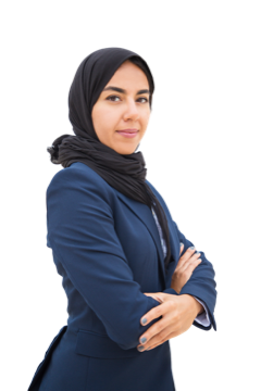 Visa expert in a headscarf and navy blazer