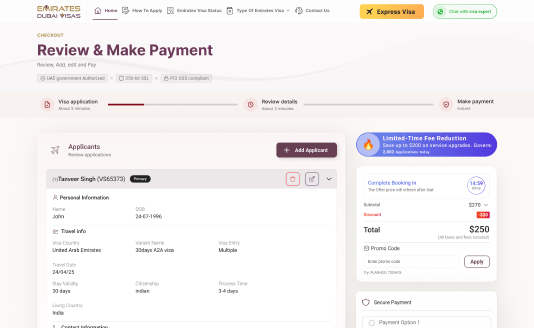 Secure payment screen for the Dubai visa fee