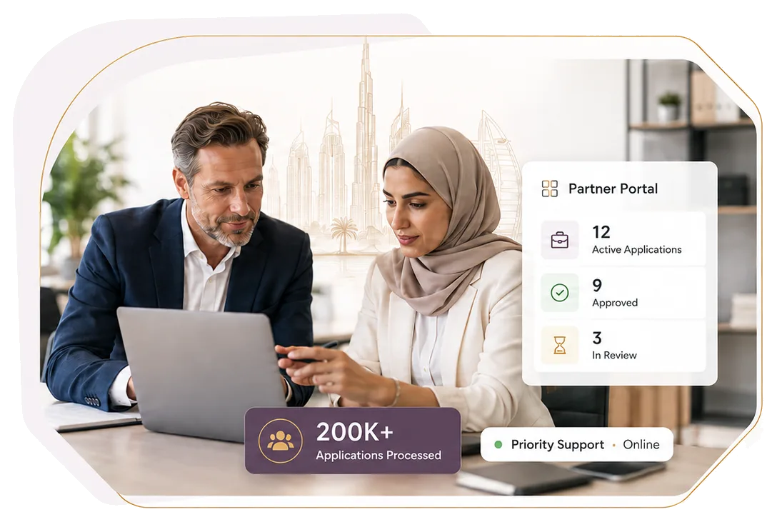 Partner portal dashboard showing live Dubai visa application statuses