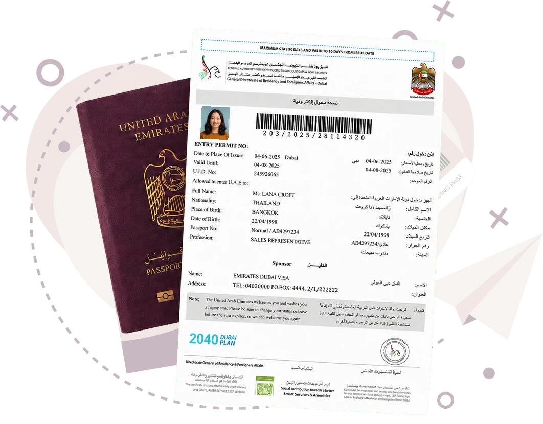 Sample Emirates Dubai e-visa entry permit shown with a passport
