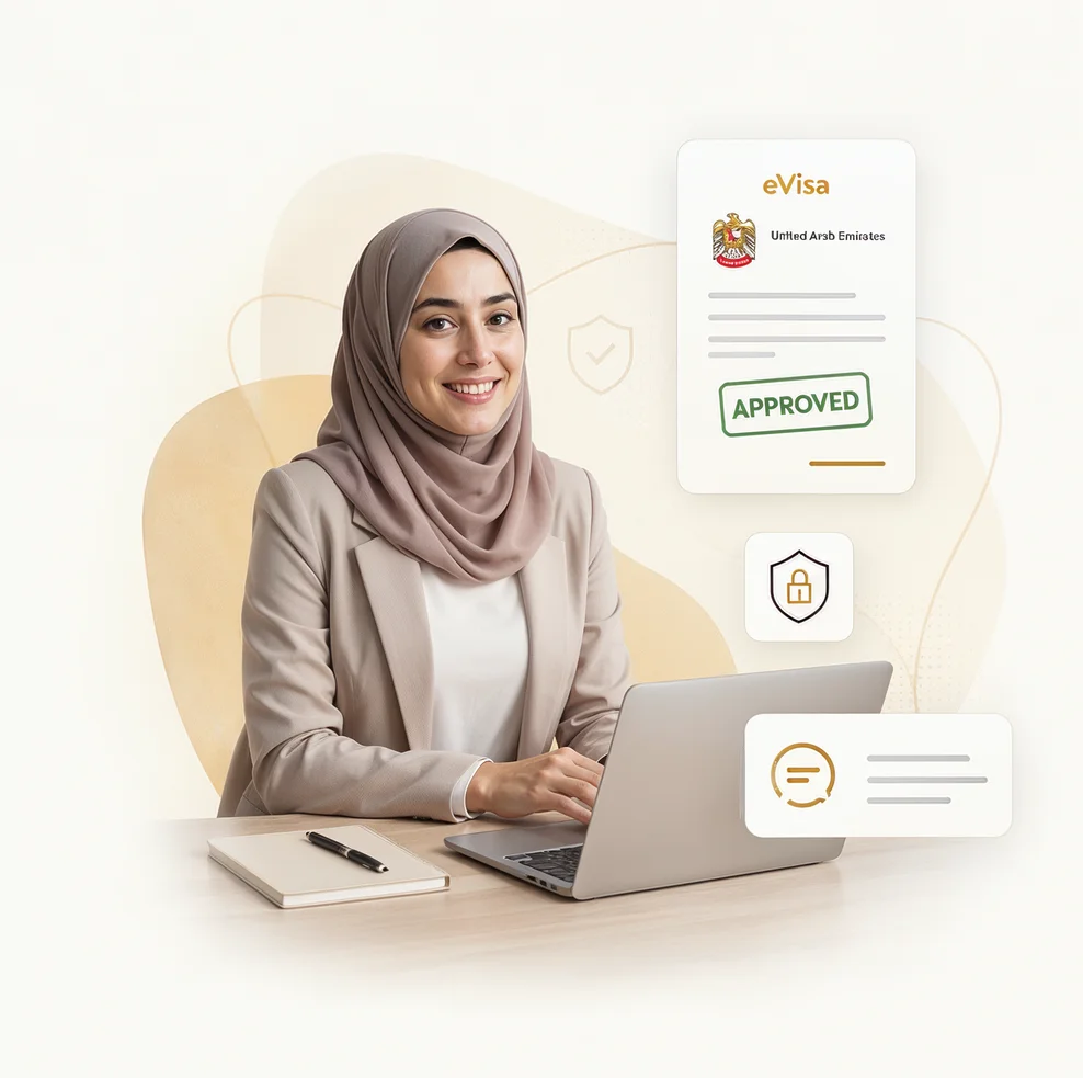 Woman in a hijab working on a laptop with an approved visa badge